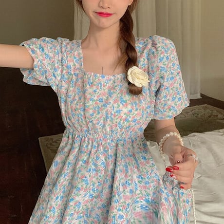 花柄 ワンピース スクエアネック ハイウエスト パフ袖 薄手 半袖 大人可愛い ガーリー フェミニン DTC-642548167490