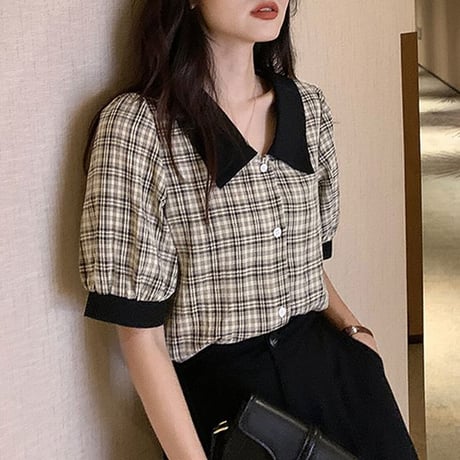 チェック柄 ブラウス シャツ パフスリーブ 半袖 バイカラー レトロ 韓国ファッション レディース 大人可愛い ガーリー フェミニン DTCA-642810095273