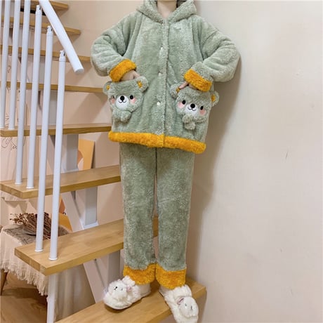 ルームウェア パジャマ セットアップ 耳付き クマ ベアー もこもこ ボア 上下セット 部屋着 寝間着 大人可愛い ガーリー DTC-657185962102