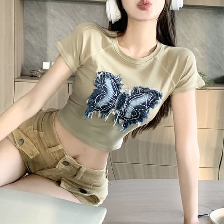 tシャツ バタフライ パッチワーク クロップド丈 ショート丈 スリムフィット トップス スリムトップス へそ出し 半袖 レトロ カジュアル ストリート女子 DTCA-780988742873