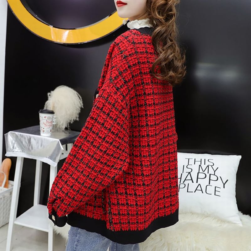 チェック柄 カーディガン Vネック ジャケット ニット シングルブレスト