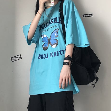 【2カラー】 Tシャツ バタフライ柄 半袖Tシャツ 半袖 オーバーサイズ レトロ 韓国ファッション レディース 大人可愛い ガーリー カジュアル ストリート系 DTC-619205596025