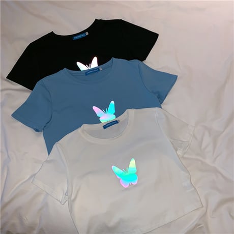 クロップド丈 Tシャツ 反射光 バタフライ 半袖 韓国ファッション レディース トップス ショート丈 プリント ガーリー カジュアル ストリートファッション DTC-617478923344
