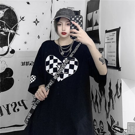 ユニセックス Tシャツ 半袖 チェック柄ハート ラウンドネック オーバーサイズ トップス 大きめ カジュアル ストリートファッション DTC-638301353656