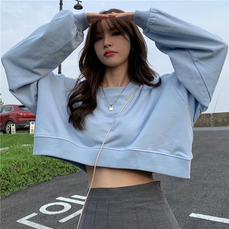 クロップド丈 トレーナー 薄手 ドロップショルダー ゆったり プルオーバー 長袖 ショート丈 レトロ 韓国ファッション レディース 大人可愛い ガーリー カジュアル DTC-656440978189