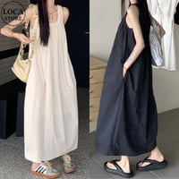 ノースリーブ ワンピース ギャザー ゆったりウエスト ロングワンピース Aライン 体型カバー ルーズ レトロ 大人可愛い ガーリー 韓国ファッション レディース DTC-809589554371
