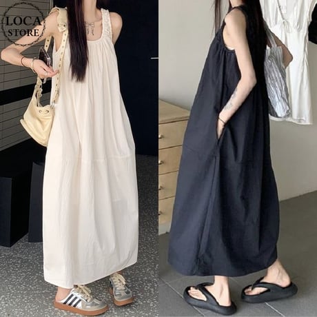 ノースリーブ ワンピース ギャザー ゆったりウエスト ロングワンピース Aライン 体型カバー ルーズ レトロ 大人可愛い ガーリー 韓国ファッション レディース DTC-809589554371