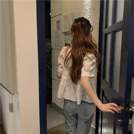 ブラウス パフ袖 半袖 韓国ファッション レディース トップス 透け感 ゆったり ラウンドネック カットソー 大人可愛い ガーリー DTC-623785023447