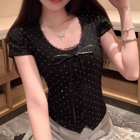 tシャツ ドット柄 リボン レース Vネック ショート丈 トップス スリムフィット ピチT タイトフィット 半袖 レトロ 大人可愛い ガーリー DTCA-897167822699