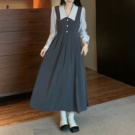 フェイクレイヤード ワンピース ドッキングワンピース ブラウス ジャンパースカート 長袖 ロング丈 ハイウエスト 韓国ファッション レディース 大人可愛い ガーリー DTC-658115140150