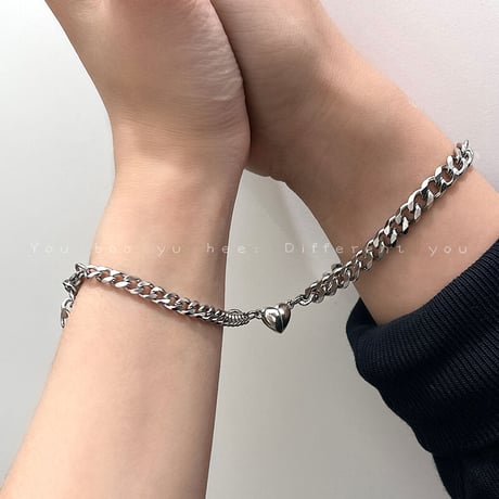 磁石で一つのハートになる ペア ブレスレット 磁石 ハート チェーン マグネット 金属アレルギー対応 シンプル チタン アクセサリー DTC-649347058292