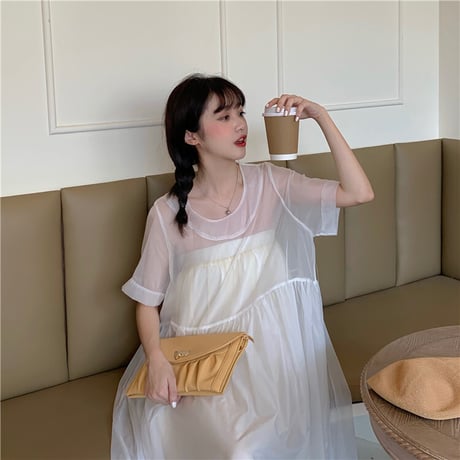 セット レースワンピース シースルートップス付き 韓国ファッション レディース ワンピース ゆったりウエスト ラウンドネック Aライン ハイウエスト ガーリー (DTC-623016560696)