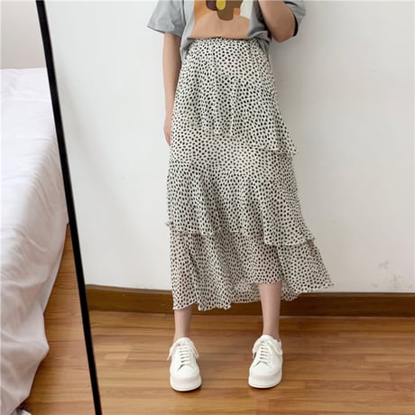 レディース ダルメシアン柄 ティアードスカート フリルスカート ドット柄 フェミニン 韓国ファッション (DCT-591916977326)