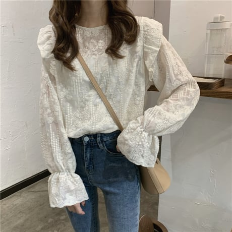 レース ブラウス トランペットスリーブ シフォン トップス ルーズ 長袖 韓国ファッション レディース 大人可愛い ガーリー フェミニン レトロ DTC-631535545769