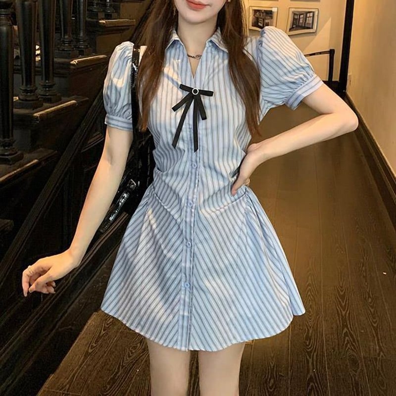 2点セット リボン ストライプ柄 シャツワンピース ショートパンツ 薄手