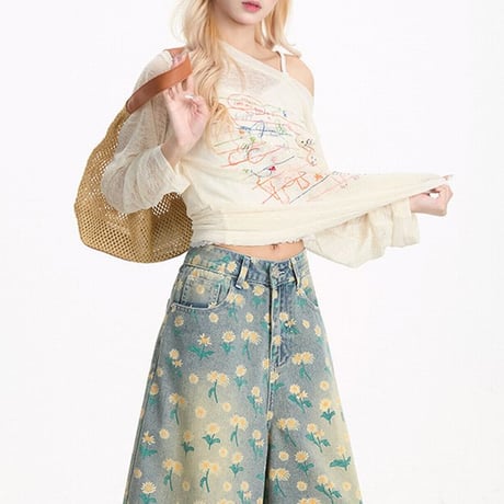 シアートップス 落書き風プリント 薄手 UVカット ワンショルダー シアーtシャツ ロンt トップス 日焼け防止 ゆったり 長袖 レトロ 大人可愛い ガーリー DTCA-925730185096