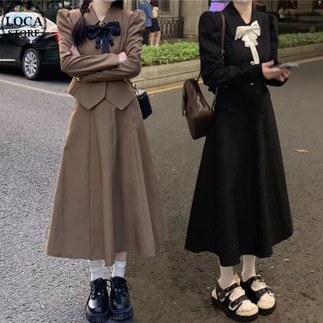 セットアップ ショートジャケット ロングスカート リボン ハイウエスト 上下セット モノトーン 長袖 レトロ 韓国ファッション レディース 大人可愛い ガーリー DTC-682427669950
