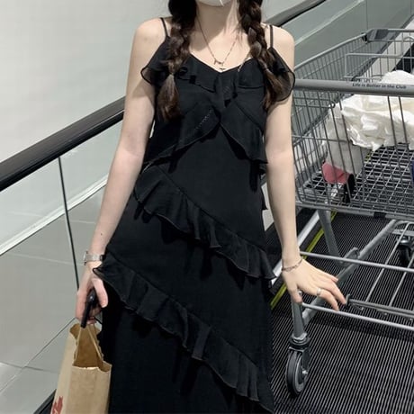 ティアードフリル キャミワンピース Vネック ロング丈 ハイウエスト レトロ 韓国ファッション レディース 大人可愛い ガーリー フェミニン DTC-674730006159