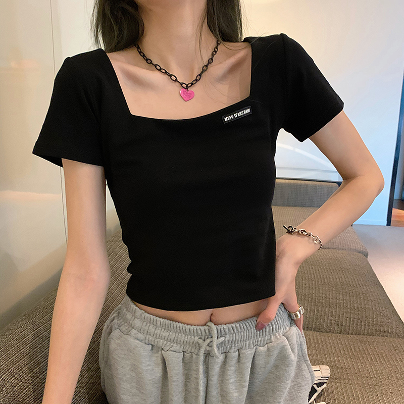 クロップド丈 Tシャツ スクエアネック へそ出し 半袖 夏 韓国