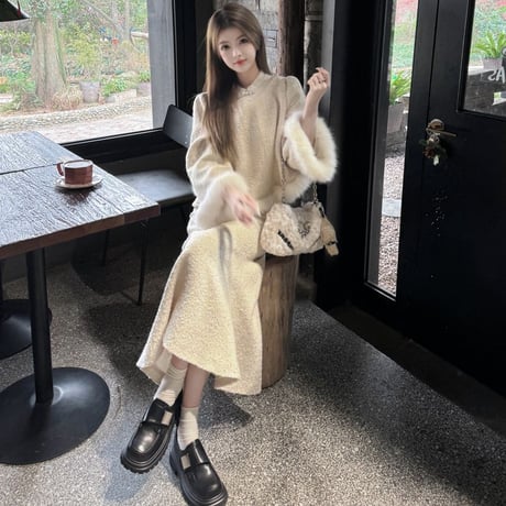 セットアップ 上下セット フェイクファー トップス マーメイドスカート フィッシュテールスカート 中国風 ベルベット ルーズ 長袖 秋冬 レトロ 大人可愛い ガーリー DTC-757160870499