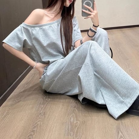 セットアップ 上下セット スウェット オフショルダー tシャツ トップス ワイドパンツ ハイウエスト オフショル レトロ 大人可愛い ガーリー カジュアル DTCA-920359912258