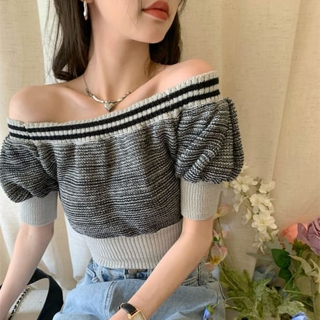 サマーニット トップス オフショルダー オフショル パフ袖 半袖 ショート丈 レトロ 韓国ファッション レディース 大人可愛い ガーリー DTC-675464467561