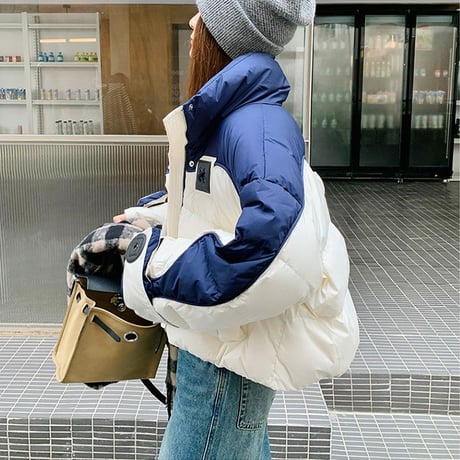 ダウンジャケット 中綿 バイカラー スタンドネック 中綿ジャケット ブルゾン アウター ジップアップ ゆったり 長袖 レトロ 大人可愛い ガーリー カジュアル DTCA-811244559449