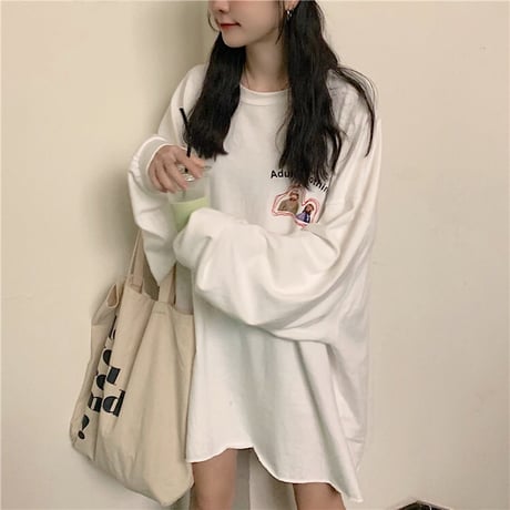 長袖 ロング Tシャツ オーバーサイズ 韓国ファッション レディース ロングTシャツ ロンt ルーズ トップス ゆったり カットソー 大人可愛い ガーリー DTC-625359276693