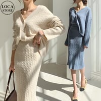 セットアップ 上下セット ニット カーディガン ケーブルニット ニットスカート Vネック タイトスカート 長袖 レトロ 大人可愛い ガーリー DTCA-681492690939