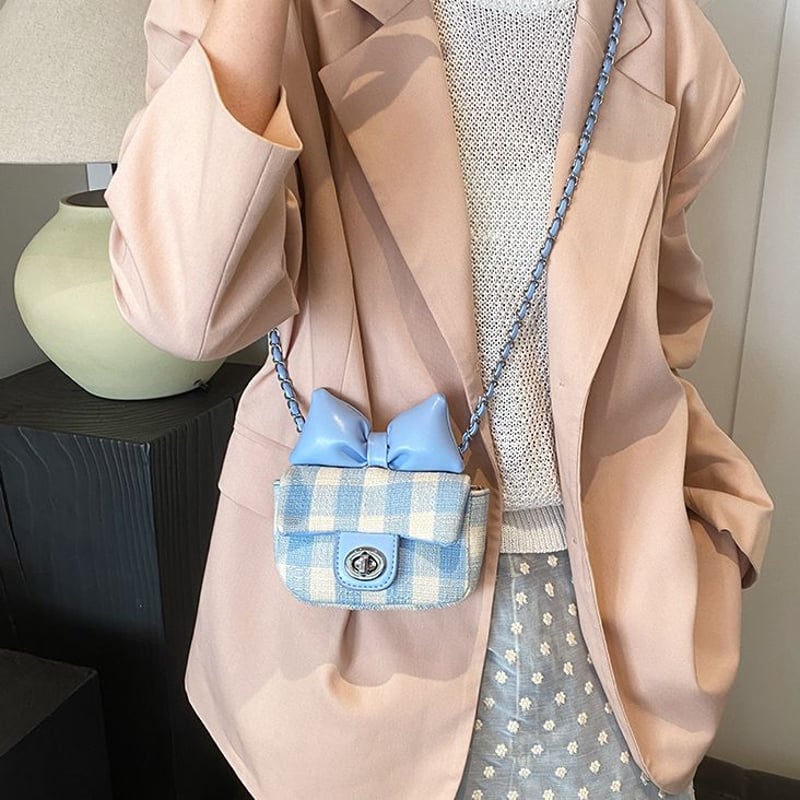チェック柄 ショルダーバッグ リボン ミニバッグ ポーチ チェーン