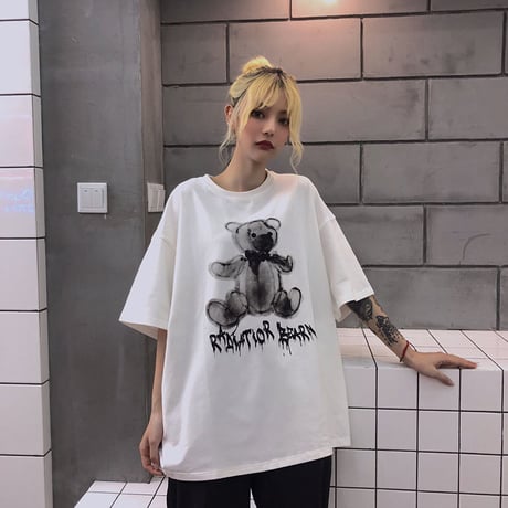 レディース 可愛いクマプリント Tシャツ ラウンドネック ゆったり 半袖 インスタ映え ストリート 韓国ファッション ホワイト ピンク (DCT-596953364679)
