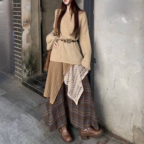セットアップ 上下セット エスニック風 モヘアニット トップス ロングスカート 不規則デザイン チェック柄スカート ルーズ 長袖 レトロ 大人可愛い ガーリー DTC-841436440146