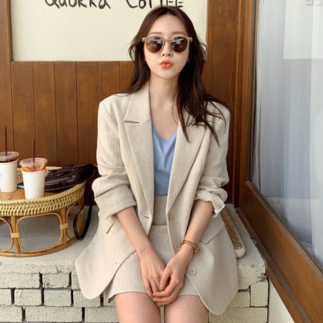 セットアップ ジャケット ＋ スカート リネン 韓国ファッション レディース 麻 シンプル 無地 シングルブレスト ハイウエスト レトロ (DTC-600589387060)