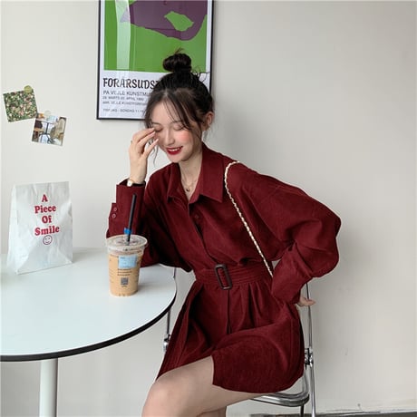 シャツワンピース ベルト シャツ 長袖 韓国ファッション レディース トップス ゆったり 大人可愛い ガーリー フェミニン カジュアル DTC-627127092317