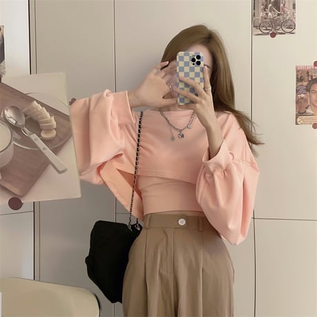 セットアップ クロップド丈 トレーナー クロップドトップス キャミソール ショート丈 長袖 韓国ファッション レディース カジュアル 大人可愛い ガーリー DTC-652092080368