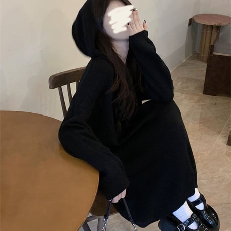 フード付き ニットワンピース ロングワンピース ルーズ ゆったり ルーズウエスト 長袖 レトロ 韓国ファッション レディース 大人可愛い ガーリー DTC-682629628231