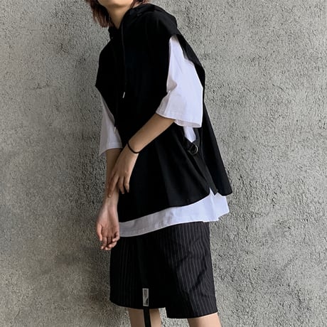 フェイクレイヤード フードベスト ＆ Tシャツ 半袖 ストリートファッション カジュアル 韓国ファッション レディース パーカーベスト ストリート系 DTC-617309764616