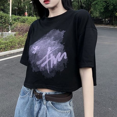 Tシャツ クロップド丈 半袖 グラフィックプリント トップス ショート丈 クルーネック レトロ 韓国ファッション レディース 大人可愛い ガーリー カジュアル DTC-647653058151