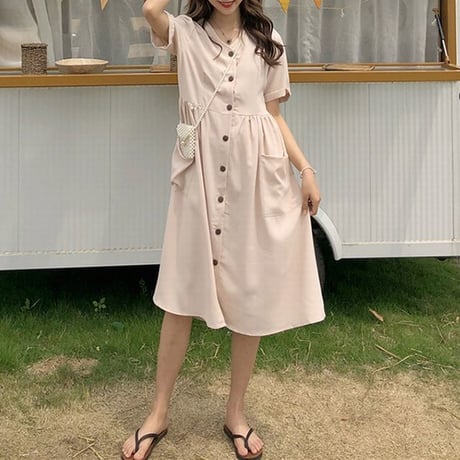 レディース フロントボタン ワンピース Vネック シャツワンピース ミモレ丈 ビッグポケット 韓国ファッション (DCT-591396626139)