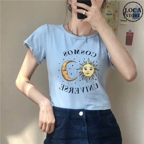 Tシャツ 半袖 袖切りっぱなし ショート丈 月と太陽 ブルー カジュアル レトロ  韓国ファッション レディース 大人可愛い ガーリー DTC-614247121002_bl