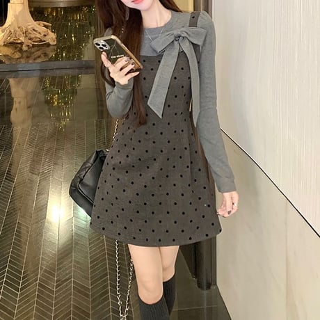 フェイクレイヤード ミニワンピース フェイクツーピース リボンタイ付き カットソー ドット柄ワンピース スリムフィット 長袖 レトロ 大人可愛い ガーリー DTC-865485856238