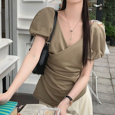 Tシャツ クロスデザイン Vネック パフスリーブ 薄手 半袖 レトロ 韓国ファッション レディース 大人可愛い ガーリー DTC-715100887328