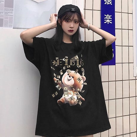 ユニセックス Tシャツ 半袖 メンズ レディース ラウンドネック お金をばら撒いてるクマちゃん ベアー プリント オーバーサイズ 大きいサイズ ルーズ ストリート TBN-620324568986