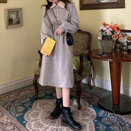 ボアカラーワンピース ボア襟 長袖 Aライン 韓国ファッション レディース ワンピース フレアワンピース 可愛い ガーリー DTC-629005220303