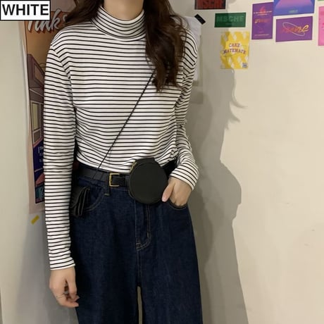 ストライプ スリムフィット カットソー ハイネック 韓国ファッション レディース 起毛 タートルネック タイト 長袖 Tシャツ レトロ (DTC-608574695103)
