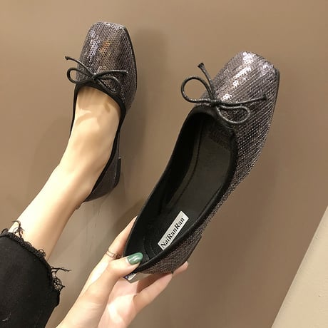 パンプス リボン キラキラ フラット スパンコール 韓国ファッション レディース フラットパンプス フラットシューズ ぺたんこ キュート 痛くない かわいい 歩きやすい 589189010792