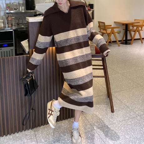 ニットワンピース ボーダー柄 パネルボーダー ロング丈 ラペル 大きい襟 ルーズ ロングワンピース 長袖 レトロ 韓国ファッション レディース 大人可愛い ガーリー DTC-745423082374