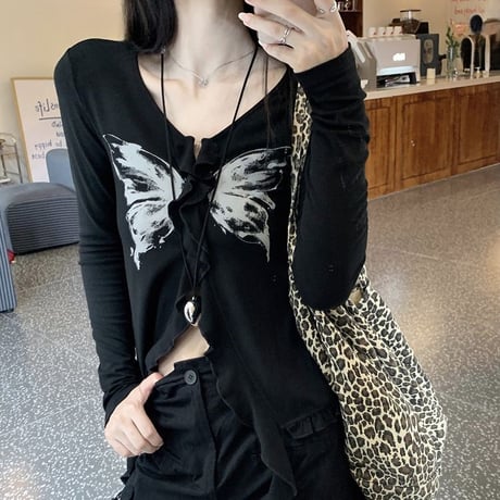 トップス 長袖 バタフライ プリント 不規則デザイン Vネック フリル リボン スリムフィット Tシャツ レトロ 韓国ファッション レディース 大人可愛い ガーリー DTCA-828604186140