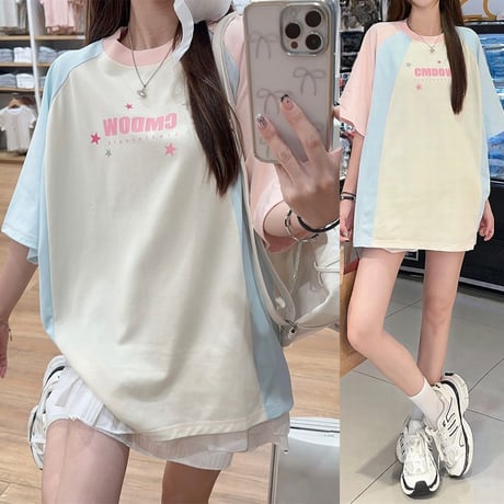 Tシャツ バイカラー ラグランスリーブ トップス 半袖 オーバーサイズ レトロ 韓国ファッション レディース 大人可愛い ガーリー カジュアル DTC-810220270153