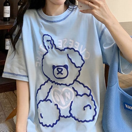Tシャツ 半袖 クマちゃん ベアー ラウンドネック オーバーサイズ 韓国ファッション レディース 大きめ カジュアル ストリートファッション DTC-643069916522